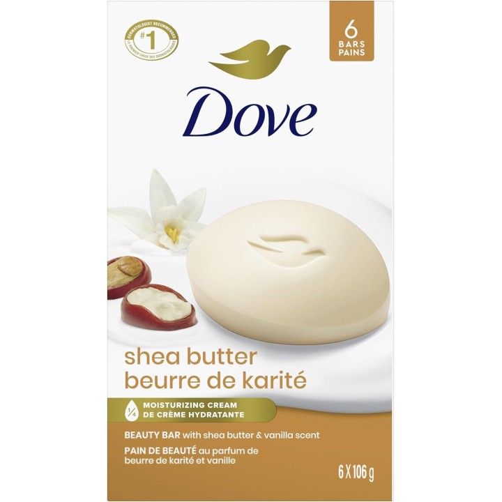 Dove Beauty Bar Soap for Nourished, Radiant Skin, Shea Butter, Enriches Skin, 106g 6 count