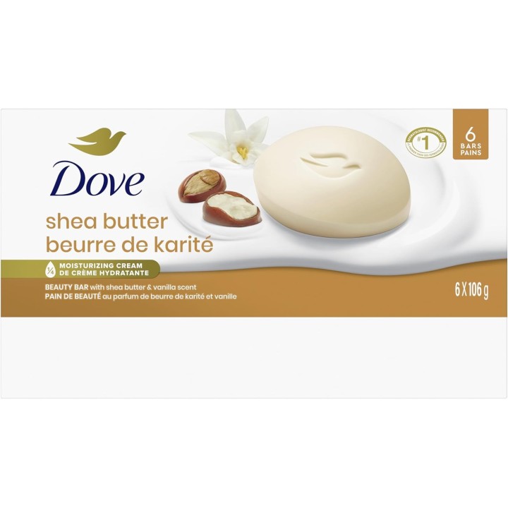 Dove Beauty Bar Soap for Nourished, Radiant Skin, Shea Butter, Enriches Skin, 106g 6 count