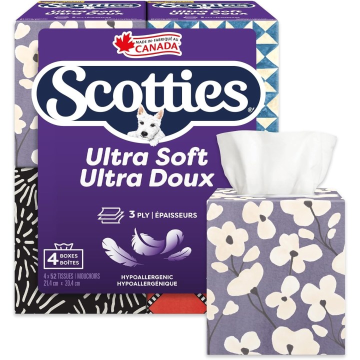 Scotties Ultra Soft Cubes - Premium 3-Ply Facial Tissue, Large Size, 4 Boxes, 52 Tissues Per Box