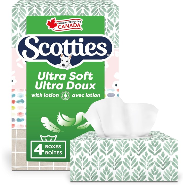 Scotties Ultra Soft with Lotion, 3-Ply Tissue Infused with Aloe & Vitamin E, 4 Boxes, 104 Tissues Per Box