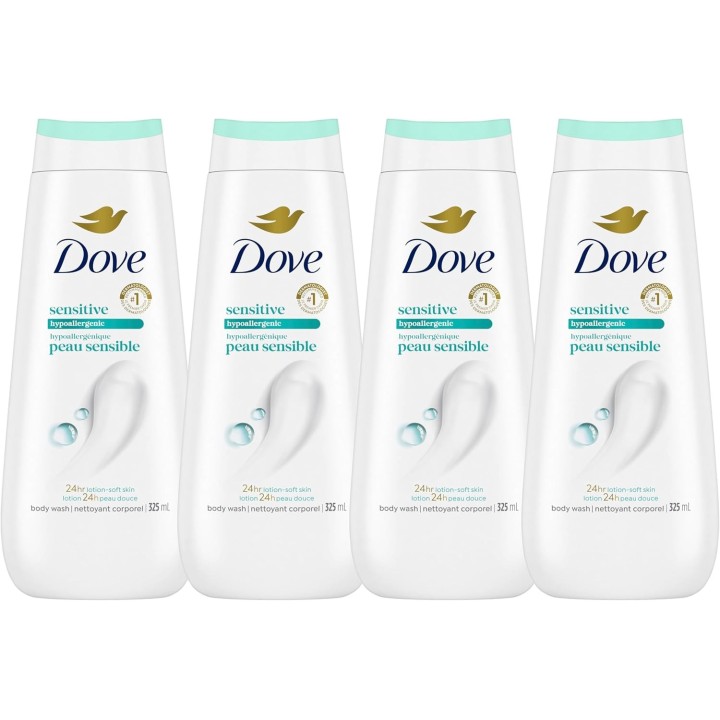 Dove Sensitive Skin Body Wash For 24hr Lotion-Soft Skin, 325mL (Pack of 4)