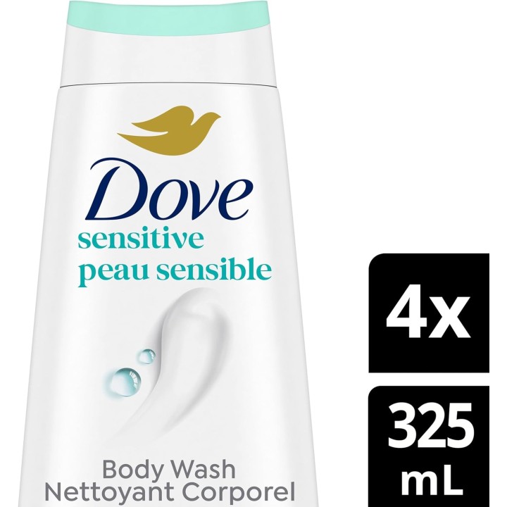 Dove Sensitive Skin Body Wash For 24hr Lotion-Soft Skin, 325mL (Pack of 4)