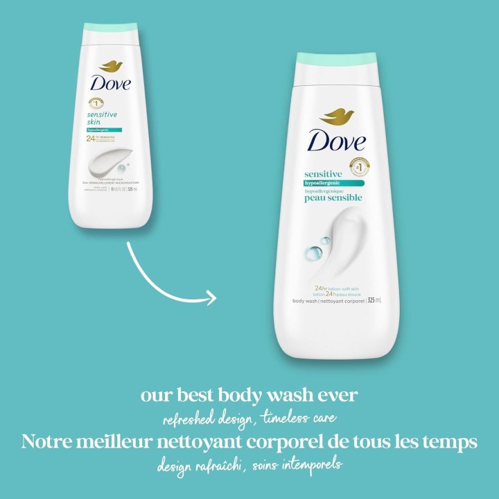 Dove Sensitive Skin Body Wash For 24hr Lotion-Soft Skin, 325mL (Pack of 4)
