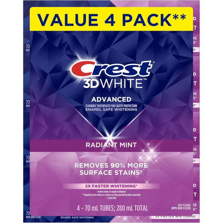 Crest 3D White Advanced Teeth Whitening Toothpaste, Radiant Mint, 4 Count (Pack of 1), 280 mL Total (70 mL each)