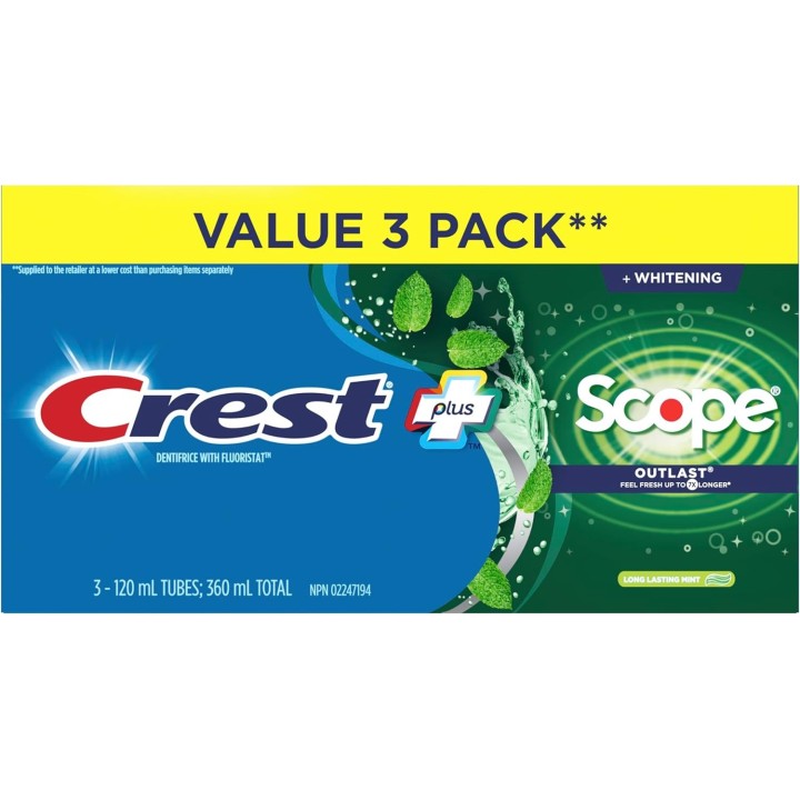 Crest Complete Whitening Toothpaste Plus Scope Outlast, Long Lasting Mint Flavor, 360 mL (Pack of 3)