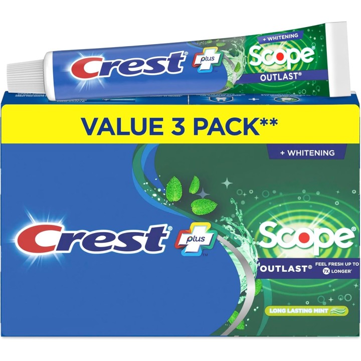 Crest Complete Whitening Toothpaste Plus Scope Outlast, Long Lasting Mint Flavor, 360 mL (Pack of 3)