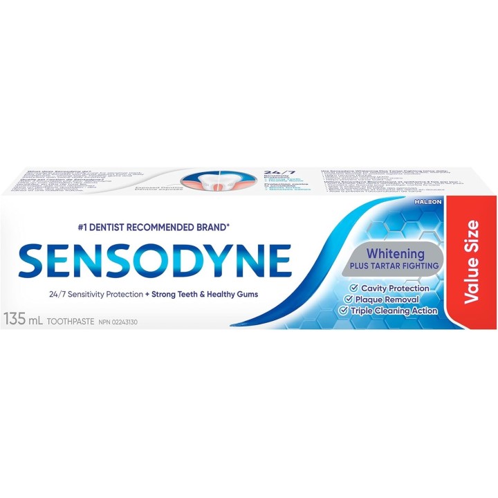 Sensodyne Whitening & Tartar toothpaste, Strengthens Protects and Whitens Sensitive Teeth, 135 mL