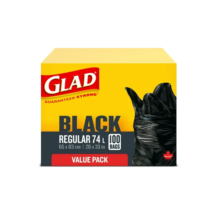 Glad Black Garbage Bags - Regular 74 Litres, 100 Trash Bags