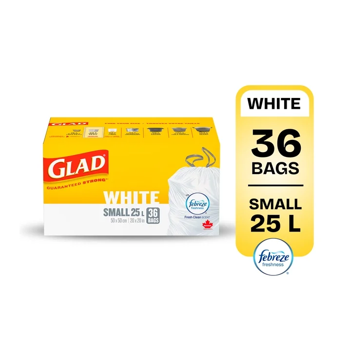 Glad White Garbage Bags - Small 25 Litres - ForceFlex Drawstring, Febreze Fresh Clean Scent, 36 Trash Bags
