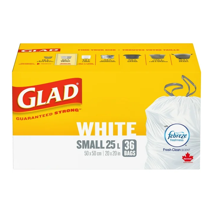 Glad White Garbage Bags - Small 25 Litres - ForceFlex Drawstring, Febreze Fresh Clean Scent, 36 Trash Bags